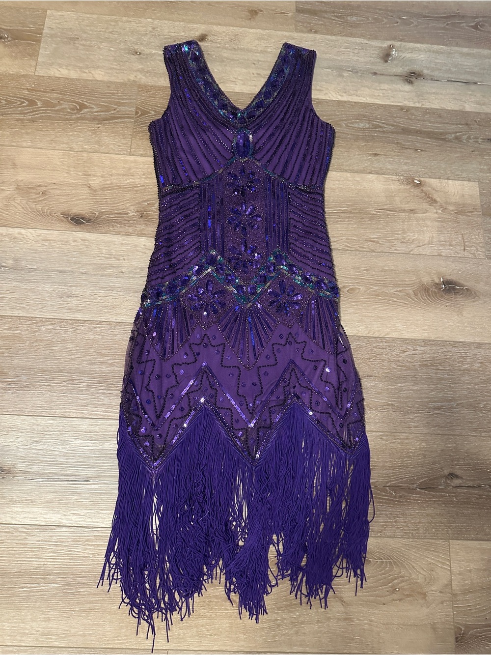 Bold Purple Beaded Fringe Midi Dress